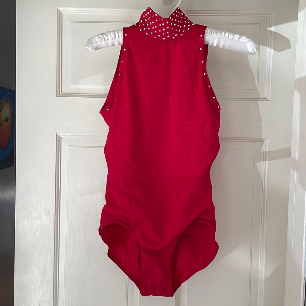 Red satin bedazzled leotard.  Full coverage bottom.  No stains or tears